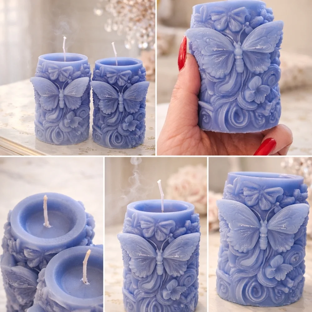 Set of 2 Butterfly Sculpted Candles – Periwinkle Blue Handmade - Picture 3 of 3